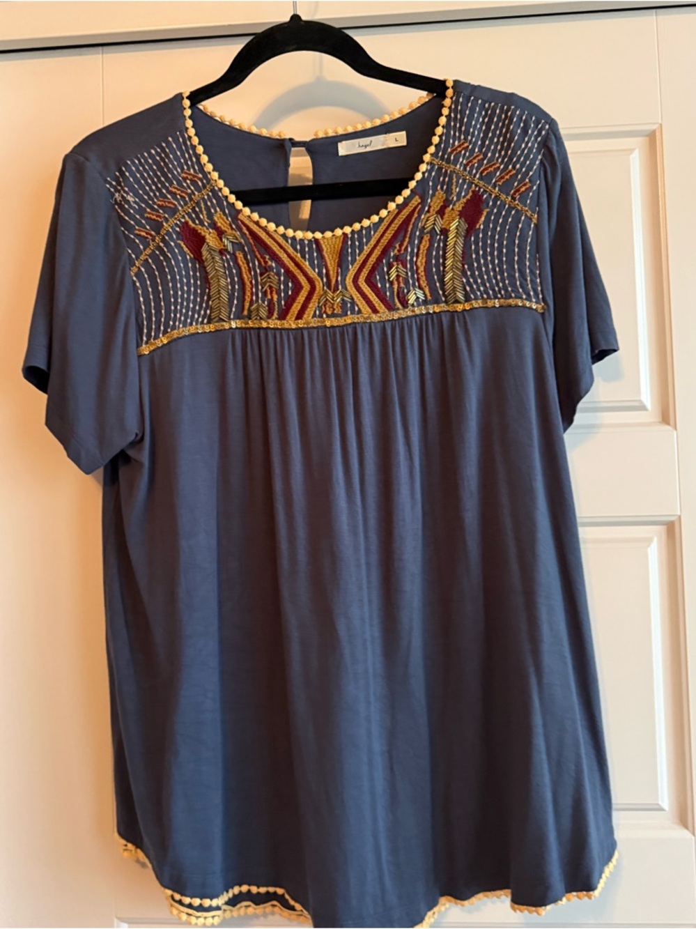 hazel Navy Embroidered Pom-Pom Yoke Tunic